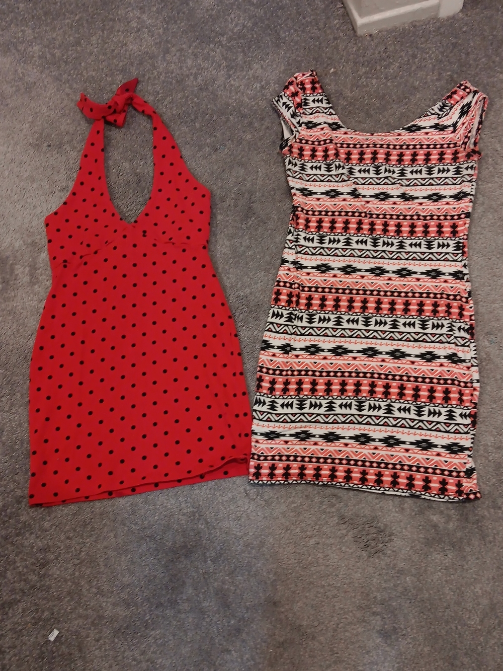 Red Polka Dot Halter Dress & Coral Aztec Bodycon Dress - Two-Piece Lot